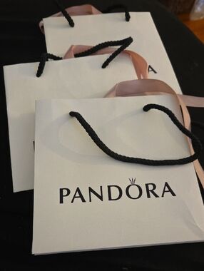 Pandora White and Black Paper Gift Bag with Black Rope Handles and 1 Ribbon